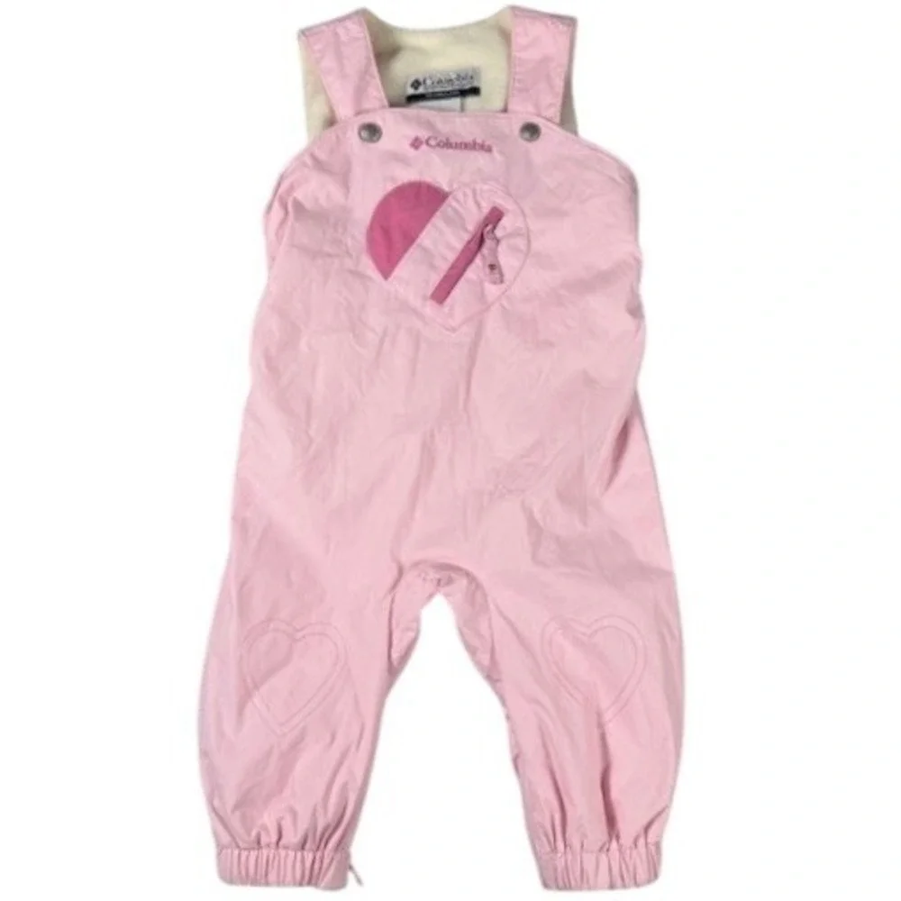 Columbia Snow Bibs Infant 12 Months Pink Heart Fleece Lined Insulated Overalls